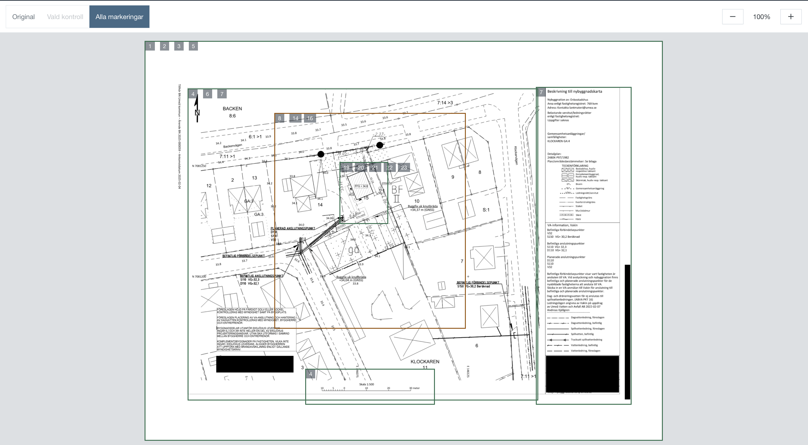 Samma situationsplan i ritningsvisaren med Alla markeringar valt och numrerade ramar runt granskade områden.